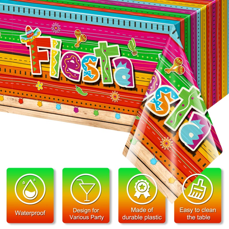 Jectivs 6-Piece Mexican Fiesta Plastic Tablecloth Set  Rectangular  54 x 108 Inch  All-Season  Waterproof  Durable  for Party  Birthday  Taco Night  Cinco de Mayo Decorations - Image 4